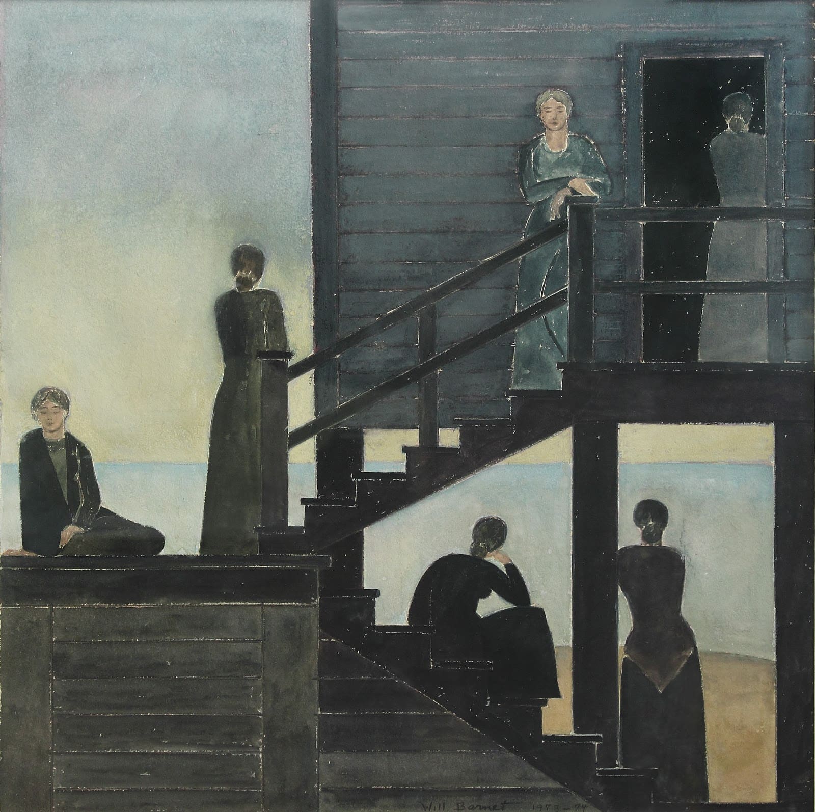 Pintura mostrando seis figuras femininas dispostas ao redor e sobre uma escada externa de madeira. As mulheres vestem roupas escuras e aparecem em diferentes posturas: sentadas, em pé e apoiadas no corrimão, com expressões serenas ou introspectivas. O fundo é simples, com céu claro e tonalidades suaves que contrastam com a estrutura escura da casa.